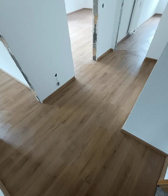 Overhead view of a hallway with light wood laminate flooring and white walls with open doorways on both sides